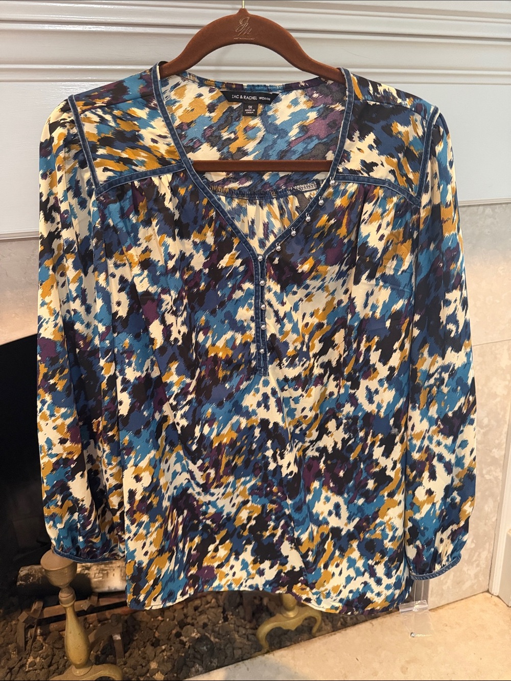 Zac & Rachel Teal, Mustard & Navy Abstract V-Neck Blouse size 1X